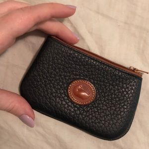 Leather zipper coin pouch - navy & brown
